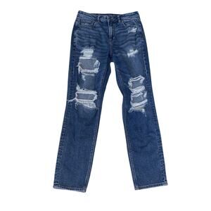 American Eagle Mom Jeans Distressed Stretch Blue Denim Women Size 10 X-Long Boho